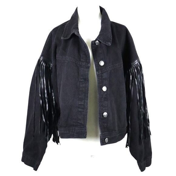 Black Denim Jacket Faux Leather Fringe Western Boho Oversized OX XL Short COTTON - Picture 1 of 10
